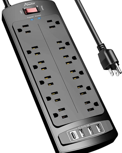 Power Strip, ALESTOR Surge Protector with 12 Outlets and 4 USB Ports, 6 Feet Extension Cord (1875W/15A), 2700 Joules, ETL Listed, Black