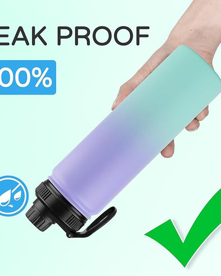 DOMICARE Insulated Water Bottle, 22 oz Vacuum Insulated Stainless Steel Reusable Sports Bottle with Straw Lid & Spout Lid for Travel, Camping, Bike, Leakproof, Purple/Green, 1 Pack