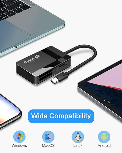 SmartQ SD Card Reader, 4-in-1 USB C 3.0 SD/Micro SD/MS/CF Memory Card Reader, Adapter for Camera, Compatible with MacBook Pro, MacBook Air/iPad Pro, Samsung Galaxy S10/S9/S8, Surface Book 2