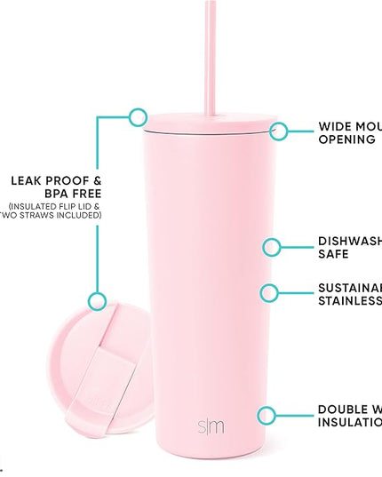 Simple Modern Insulated Tumbler with Lid and Straw | Iced Coffee Cup Reusable Stainless Steel Water Bottle Travel Mug | Gifts for Women Men Her Him | Classic Collection | 24oz | Blush
