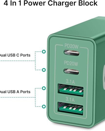 40W USB C Charger Cube, 2-Pack Wall Plug Fast Charging Block, 4-Port QC +PD Power Adapter Multiport Brick Type C Box for iPhone 16/15/14/13/12/11 Pro, XS/XR/8/7, Tablets, Cellphones Charger