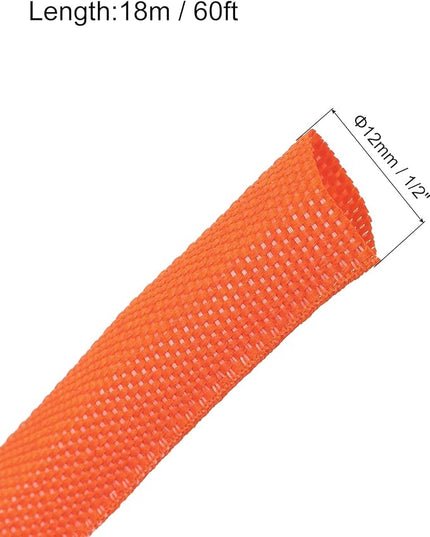 MECCANIXITY Braided Cable Sleeves Heat Shrinkable Fabric Sleeving, 1/2" 60ft Orange 2:1 Ratio Heat Shrinkable Cord Protector for Harness Cable, Network Cable Protection, Cable Management