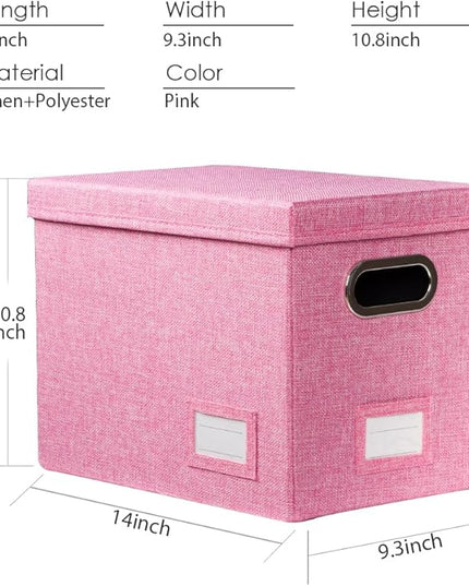 PRANDOM File Organizer Box - Set of 2 Collapsible Decorative Linen Filing Storage Hanging File Folders with Lids Office Cabinet Letter Size Pink (14x9.3x10.8 inch)