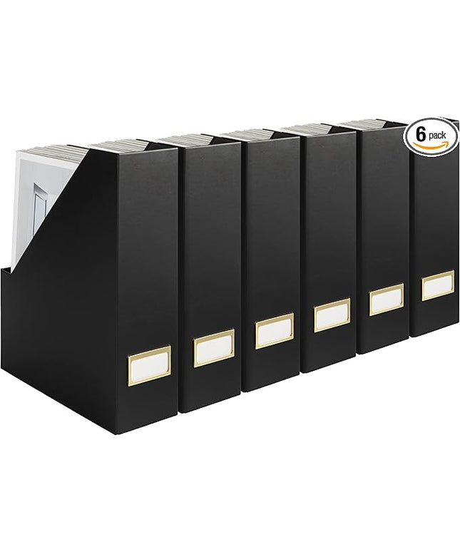 BLU MONACO Declutter in Style - Set of 6 Black Foldable Magazine File Holders with Gold Label Holders - Cardboard Magazine Storage Box & Desk Organizer for Workspace and Shelves