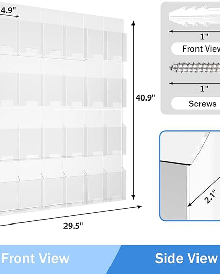 Acrylic Brochure Pamphlet Holder, 24 Clear Wall Mount Display Holders, Trifold Flyer Rack, Literature Storage Rack for Home, Offices, Waiting Room