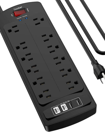6 Ft Extension Cord Power Strip, Teiobar Surge Protector with 12 AC Outlets and 4 USB Ports for Home, Office, Dorm Essentials, 1875W/15A, 2700 Joules, ETL Listed, Black