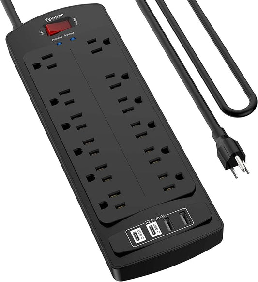 6 Ft Extension Cord Power Strip, Teiobar Surge Protector with 12 AC Outlets and 4 USB Ports for Home, Office, Dorm Essentials, 1875W/15A, 2700 Joules, ETL Listed, Black