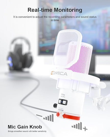 COMICA Ejoy Uni(A) USB Gaming Microphone with Noise Cancellation, RGB Lights, Monitoring, Muting, Streaming Mic for Computer, PS5, PS4, Streaming, Podcast, Chat, Twitch, YouTube, Discord(White)