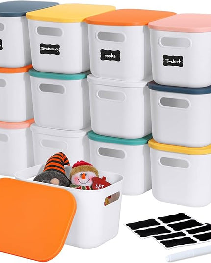Thyle 12 Pack 7 Quarts Plastic Storage Bins for Christmas Storage with Lids Handles Colorful Stackable Desktop Box Bins with Label for Shelf Drawer,10 x 7 x 6 Inch (White)
