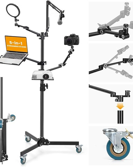 TARION Live Streaming Stand with Wheels - 61"/155cm 5-in-1 Stream Stand Equipment Kit: 1 Mic Boom + 3 Articulated Arms + 1 Projector Holder, Adjustable Heavy-duty Floor Live Tree Stand Setup TitanRig