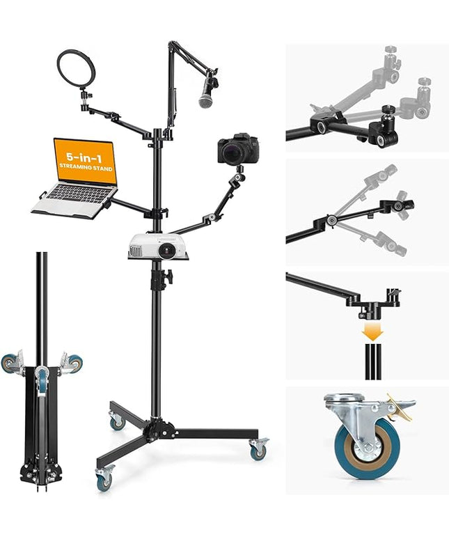 TARION Live Streaming Stand with Wheels - 61"/155cm 5-in-1 Stream Stand Equipment Kit: 1 Mic Boom + 3 Articulated Arms + 1 Projector Holder, Adjustable Heavy-duty Floor Live Tree Stand Setup TitanRig