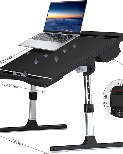 Laptop Desk for Bed, Lap Desks Trays with Double Storage Drawers, Adjustable Premium Leather Laptop Stand with Extra Drawstring Bag, Foldable Lap Table for Eating, Working, Writing and Drawing