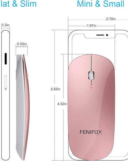 FENIFOX Bluetooth Mouse Slim, Whisper-Quiet Mini Flat Portable Mobile Mice Rechargeable Compatible with Laptop,PC,Android Windows Tablet (Rose Gold)