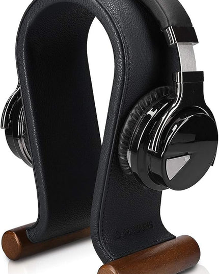 Navaris Omega Headphone Stand - Synthetic Leather Headset Hanger with Wood Base - Holder for Wired, Wireless, Gaming, DJ, Studio Headphones - Black