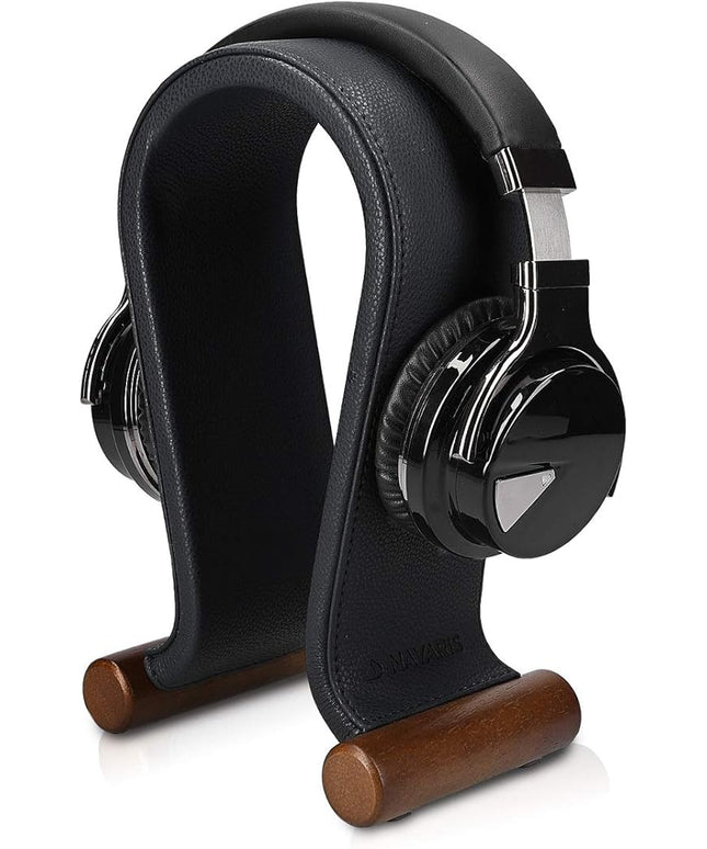 Navaris Omega Headphone Stand - Synthetic Leather Headset Hanger with Wood Base - Holder for Wired, Wireless, Gaming, DJ, Studio Headphones - Black