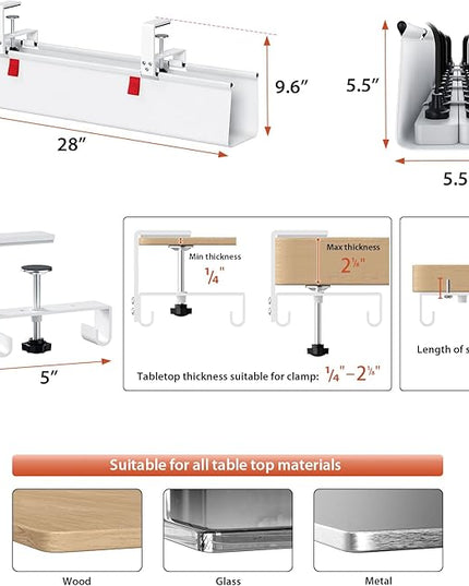 Univivi No Drill Under Desk Cable Management Tray, 28" Cord Organizer for Table, Clamp/Screw Mount Desk Cable Management, Premium Fabric Cable Management Tray for Office, Home