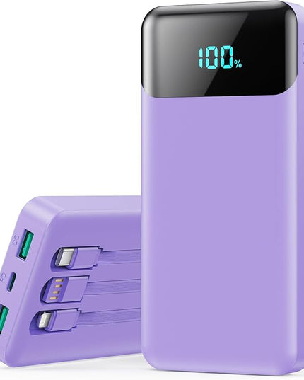 Portable Charger 40800mAh Power Bank with 3 Built-in Cables,PD 25W USB C in&Out Power Bank Fast Phone Charging,QC4.0 5 Output Travel Camping Essential Battery Pack for iPhone 17/16,Samsung etc-Purple