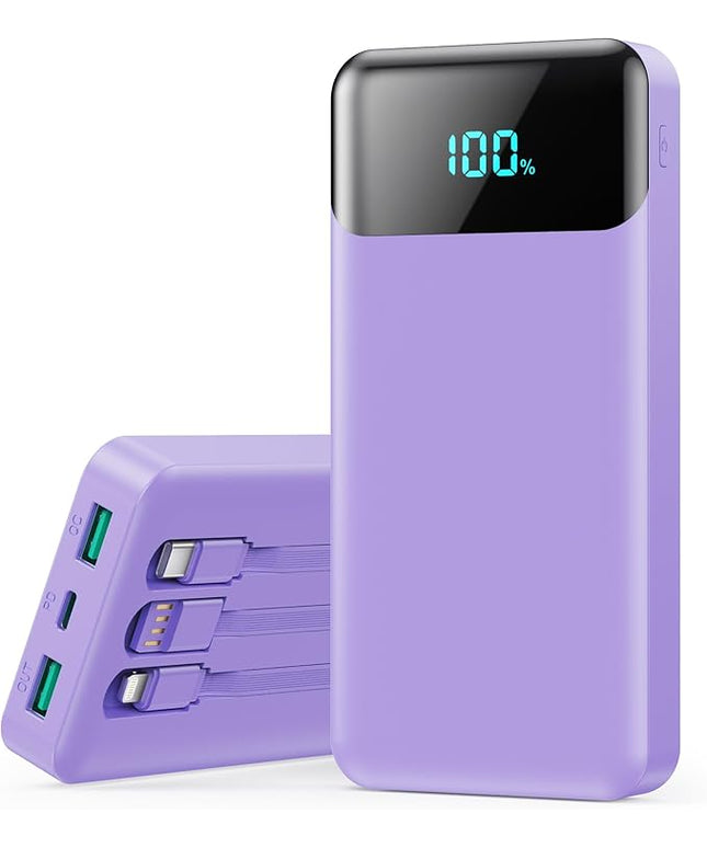Portable Charger 40800mAh Power Bank with 3 Built-in Cables,PD 25W USB C in&Out Power Bank Fast Phone Charging,QC4.0 5 Output Travel Camping Essential Battery Pack for iPhone 17/16,Samsung etc-Purple