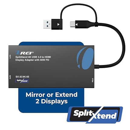 OREI SplitExtend 4K HDMI Splitter Extended Display for Dual Monitor - Multi-Monitor Display 3 Separate Screens - USB A & USB-C Adapter to HDMI 2.0, 4K@60hz, 90W PD Charger, DisplayLink MacOS, Windows