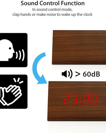 OCT17 Wooden Wood Clock, New Version LED Alarm Digital Desk Clock Adjustable Brightness, Alarm Time, Displays Time Date Temperature - Brown