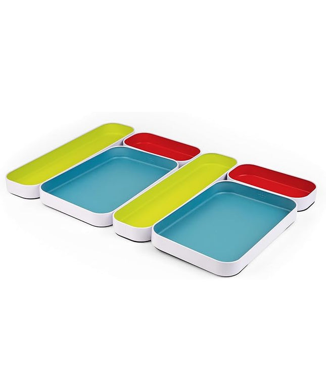 Three by Three Seattle 6 Piece Shallow Metal Organizer Tray Set for Storing Makeup, Stationery, Utensils, and More in Office Desk, Kitchen and Bathroom Drawers (1 Inch, Multicolor)