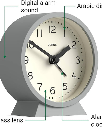 JONES CLOCKS® Midnight mini Alarm Clock | Contemporary Design | Gray | Stylish, Compact and Functional for Bedside, Desk or Shelf