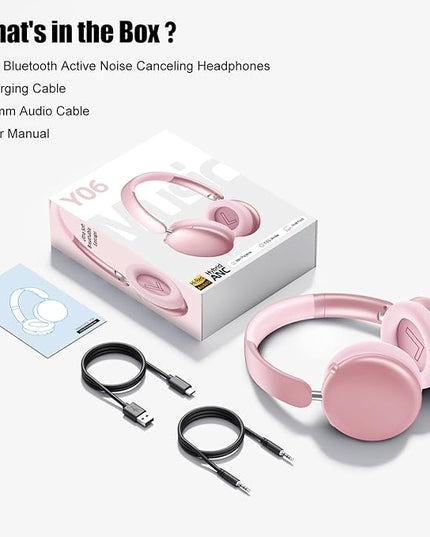 Wentronic Y06 Noise Cancelling Headphones,58H Playtime and 5 EQ Music Modes Wireless Over Ear Bluetooth Headphones with Microphone,Lossless Audio,Multipoint Connection,Foldable,Lightweight,Pink