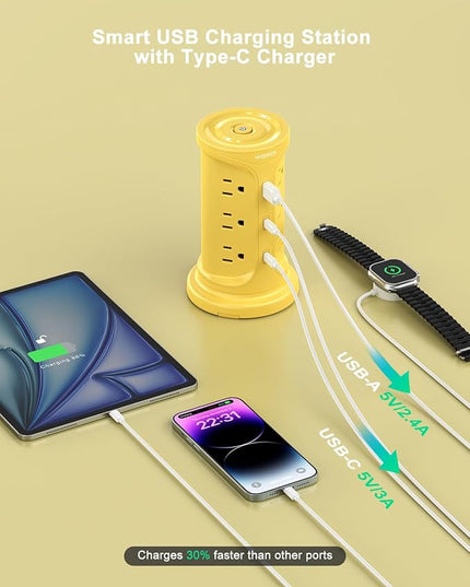 Tower Power Strips with Surge Protection, 6.5FT Flat Extension Cord with Multiple Outlets, 12 AC 4 USB Ports(2 Type C), Flat Plug Surge Protector Power Strip with Screw Wall Mount for Home Office Dorm