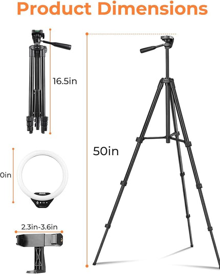 Sensyne 10'' Ring Light with 50'' Extendable Tripod Stand, LED Circle Lights with Phone Holder for Live Stream/Makeup/YouTube Video/TikTok, Compatible with All Phones
