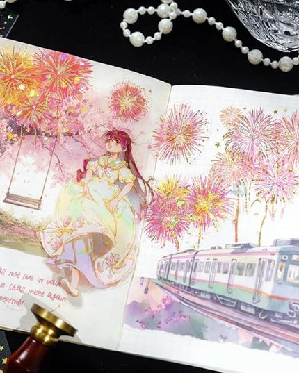 Holographic Fireworks Stickers for Journaling and Crafts, 12 Sheets Transparent PET Stickers for Scrapbooking, Junk Journal Supplies, Collage, DIY Paper Arts Decorative