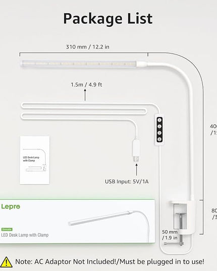 Lepro Small Desk Lamp with Clamp, LED Reading Lamps with 450LM, 3 Color Modes 10 Brightness, Dimmable USB Clip on Desk Light with Gooseneck Swing Arm for Nail, Home Office and Dorm (White)