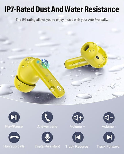 Wireless Earbuds, Bluetooth 5.4 Headphones Bass Stereo, Ear Buds with Noise Cancelling Mic, LED Display in Ear Earphones Clear Calls, IP7 Waterproof Bluetooth Earbuds for Laptop/Phones/Sports, Yellow
