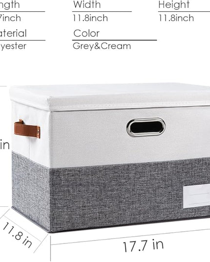 PRANDOM Foldable Storage Bins with Lids [3-Pack] Fabric Collapsible Storage Boxes Baskets Cubes Containers with Handles for Closet Living Room Bedroom (Grey & White 17.7x11.8x11.8'')