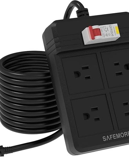 GFCI Power Strips with 9.84 FT Heavy Duty Extension Cord, 4 Gang Sockets 15A Fused SAFEMORE Power Strip 1875J with 30mA RCBO Leakage Protection,Surge Protected for Workshop Garage RV Indoor (Black)