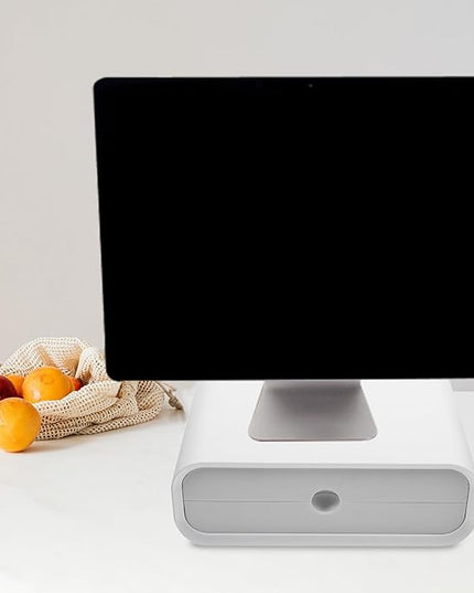 Veemoon Monitor Riser and Computer Raise Rack with Full Drawer Storage, White Desktop Height Riser for Office Desk Organization and Monitor Accessories