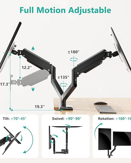 WALI Dual Monitor Stand for 17-32 inch Computer Screens, Dual Monitor Arms for 2 Monitors Holds up to 22 lbs, Height Adjustable Gas Spring Dual Monitors Mount, VESA 75x75/100x100mm (GSMP002N), Black