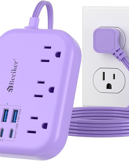 6 USB(3 USB C) Purple Travel Power Strip- 5Ft Purple Extension Cord with USB Charging Station 24W and 3 Outlets, Pink Desk Accessories for Cruise Travel Cute Kawaii Lavender Home Office Dorm Room