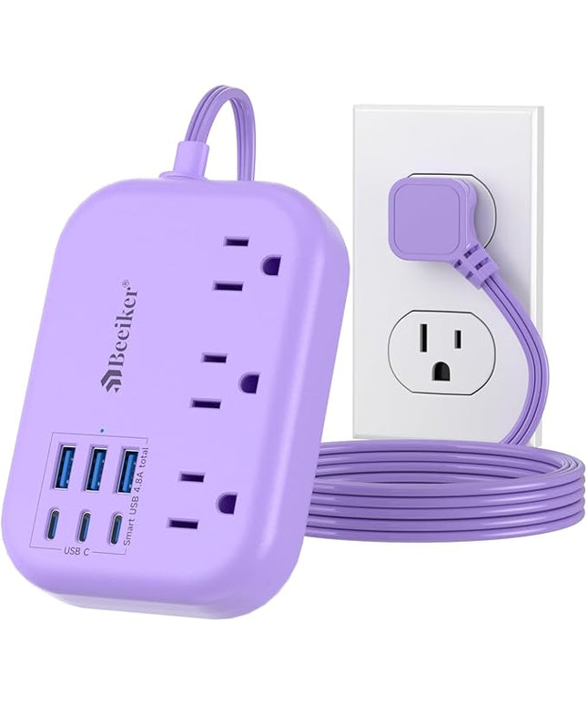 6 USB(3 USB C) Purple Travel Power Strip- 5Ft Purple Extension Cord with USB Charging Station 24W and 3 Outlets, Pink Desk Accessories for Cruise Travel Cute Kawaii Lavender Home Office Dorm Room