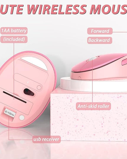 KOOTOP Cute Pink Wireless Keyboard and Mouse, 2.4G Retro Round Keycap for PC, Mac, Laptop, Tablet, Computer Windows