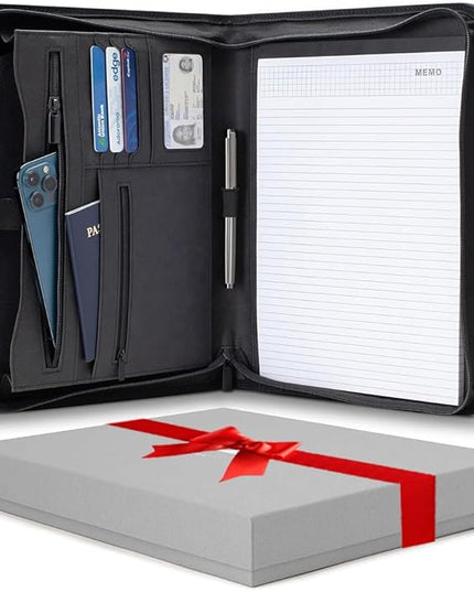 Forevermore Portfolios Padfolio Binder - Professional Faux Leather Travel Organizer Pouch for Tablet, Documents, Presentation Folders, Zipper Closure, Notepad - Black