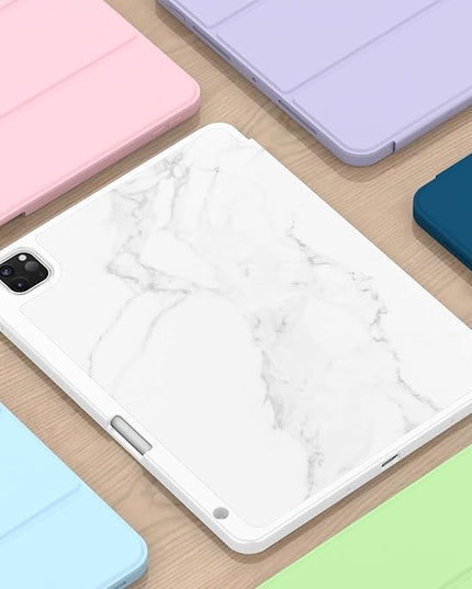 ZryXal iPad Pro 11 Inch Case (M5) 2025/ (M4) 2024 (Model: A2836/A2837/A3006), Trifold Stand Smart Cover with Pencil Holder and Soft TPU Back, Auto Wake/Sleep (Marble White)