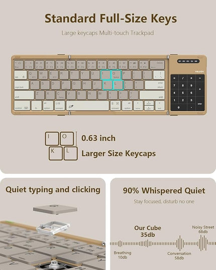 Nillkin Foldable Bluetooth Keyboard with Touchpad & Number Pad, Portable Bluetooth Keyboard with Full Size Keys, Pocket-Sized Wireless Travel Keyboards for iPad, Smartphone, Tablet and Laptop Khaki