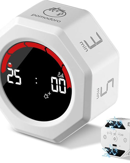 Rechargeable Pomodoro Timer, Magnetic Kitchen Timer for Cooking, 8-Angle Auto-Rotating Screen with Gravity Sensor, 3/5/10/25/30/60min & Custom Countdown for ADHD, Office, Study, Kitchen & Kids