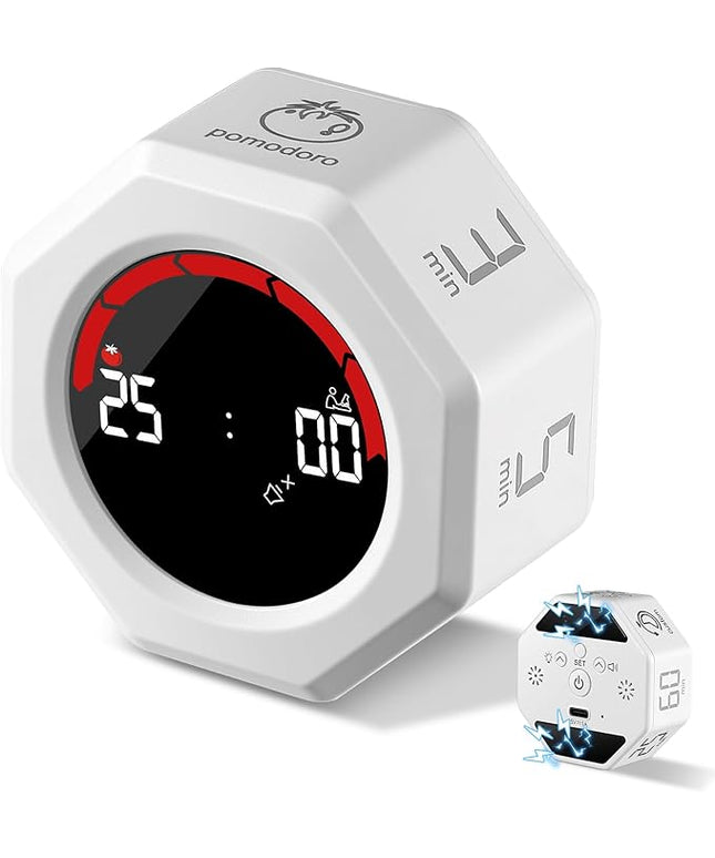 Rechargeable Pomodoro Timer, Magnetic Kitchen Timer for Cooking, 8-Angle Auto-Rotating Screen with Gravity Sensor, 3/5/10/25/30/60min & Custom Countdown for ADHD, Office, Study, Kitchen & Kids
