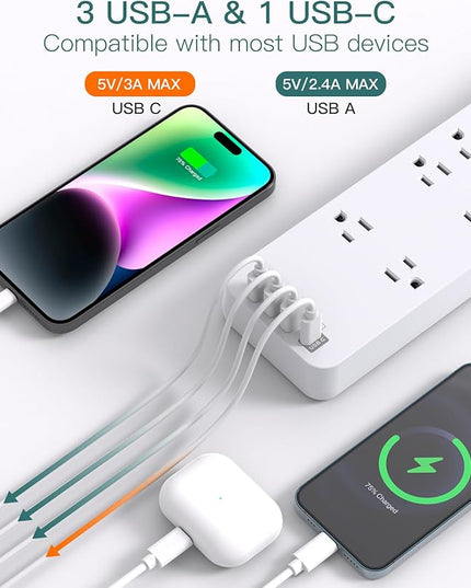 12FT Long Power Strip Surge Protector, Addtam Surge Protector with 10 Outlets and 4 USB Ports, Extension Cord with Flat Plug, 2700 Joules, White