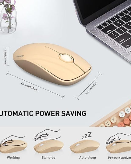 FOPETT 2.4GHz Wireless Keyboard and Mouse Set with Switch Button - Full-Size Keyboard - Compatible for Windows/Laptop/PC/Notebook/Smart TV and More - Milk Tea Colorful