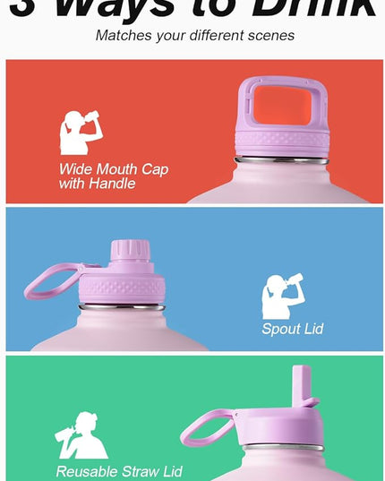 Coolflask 128 oz Gallon Water Bottle Insulated with Straw&3 Lids, Water Jug Large Stainless Steel Metal Vacuum Wide Mouth for Sports, Gym or Office, Non-BPA Keep Cold 48H Hot 24H, Pink