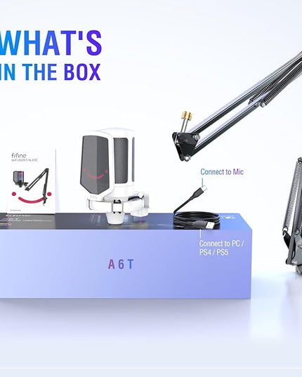 FIFINE Streaming Gaming USB Microphone Kit, PC Condenser RGB Mic Compatible with PS4/PS5, Plug and Play for Music Recording, Online Game, Discord, Twitch, with Pop Filter, Shock Mount-A6T White