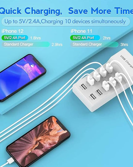 10-Port USB Wall Charger Station with Rapid Charging Auto Detect Technology Safety Guaranteed Family-Sized USB Ports for Multiple Devices Smart Phone Tablet Laptop Computer
