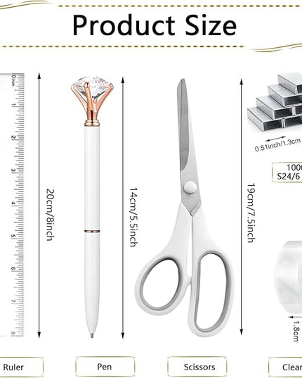 Office Supplies Set,Desk Accessories,Stapler and Tape Dispenser Set,1000 Staples,Staple Remover,Hinder Clips,Ruler,Scissor,Clear Tape,Ballpoint Pen,Sticky Notes,Gifts for Colleagues(White)